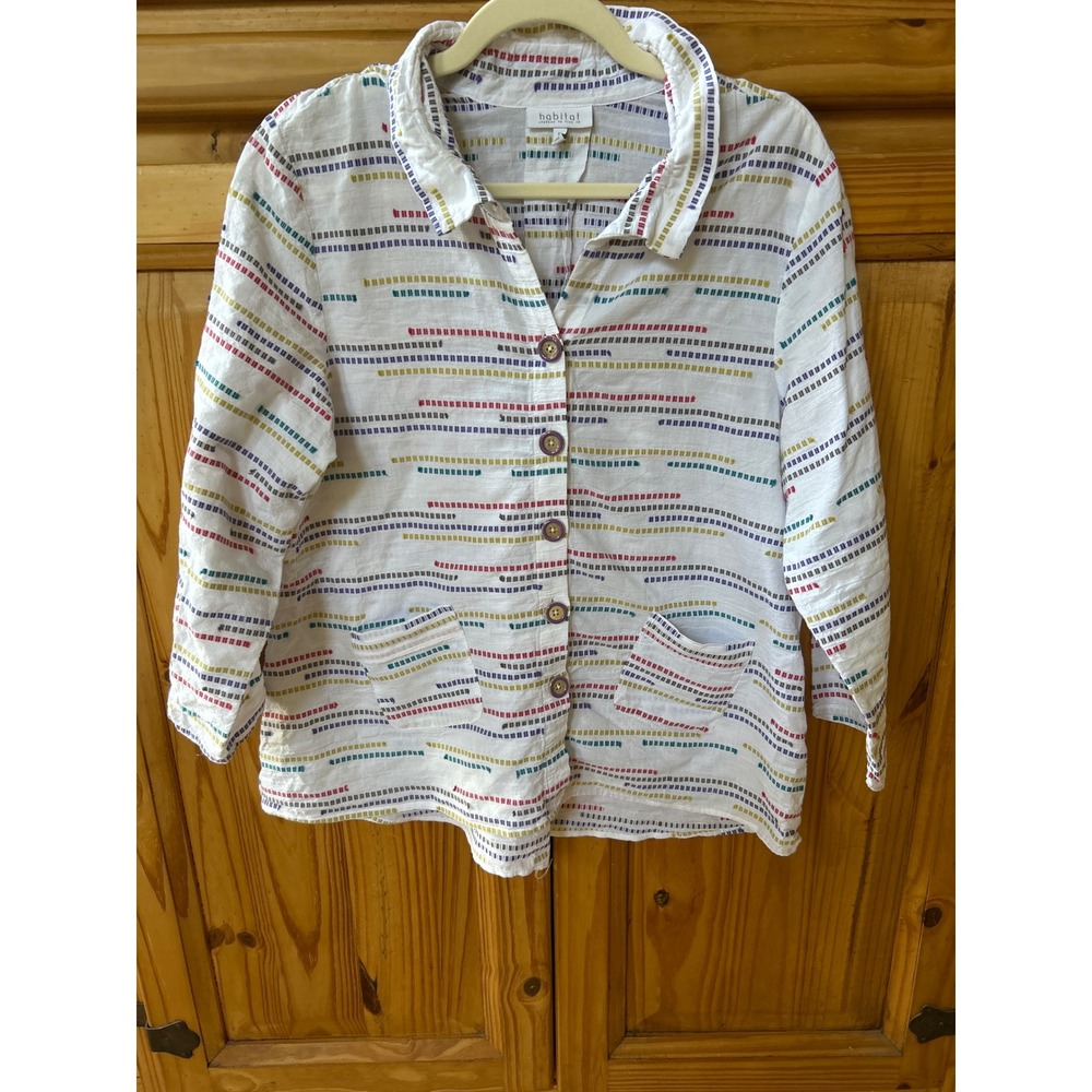 Habitat Multi-Color Dashed Stripe Cotton Button Front Shirt Women's Medium
